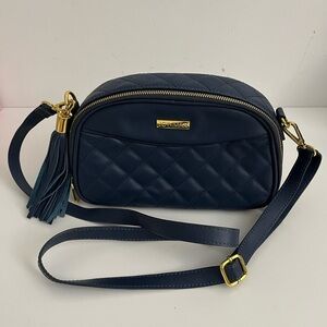 JOY&IMAN Quilted Leather Crossbody Bag Tassel Navy Gold Hardware